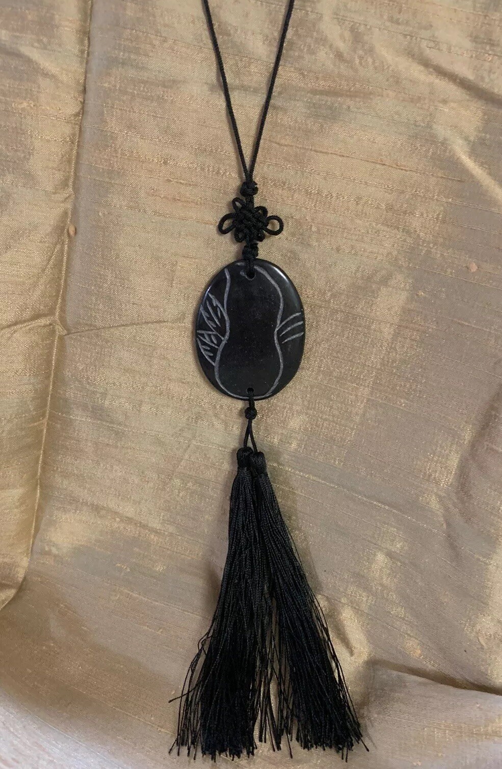 21″ VINTAGE CHINESE EXPORT CARVED BLACK JADE TASSEL PENDANT NECKLACE