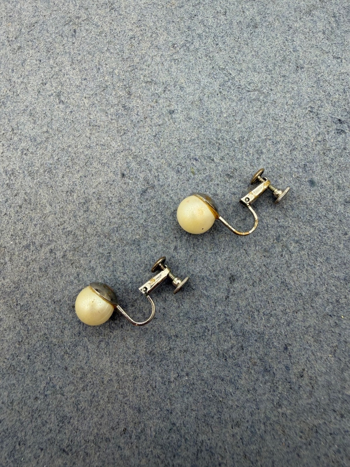 Vintage Hinged Clip-On Earrings 3/8 In As Is Silver Ivory Pearl Retro Screw-Back