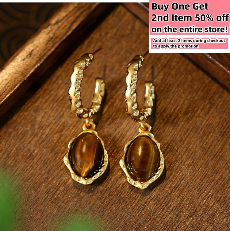 Tiger’s Eye Gemstone Earrings 18K Gold Plated Drop Dangle Teardrop Boho Style