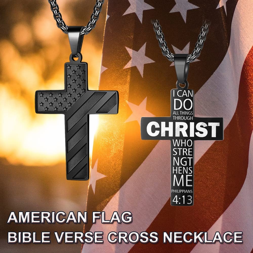 American Flag Cross Necklace for Men Stainless Steel Chain 24inch Bible Verse…