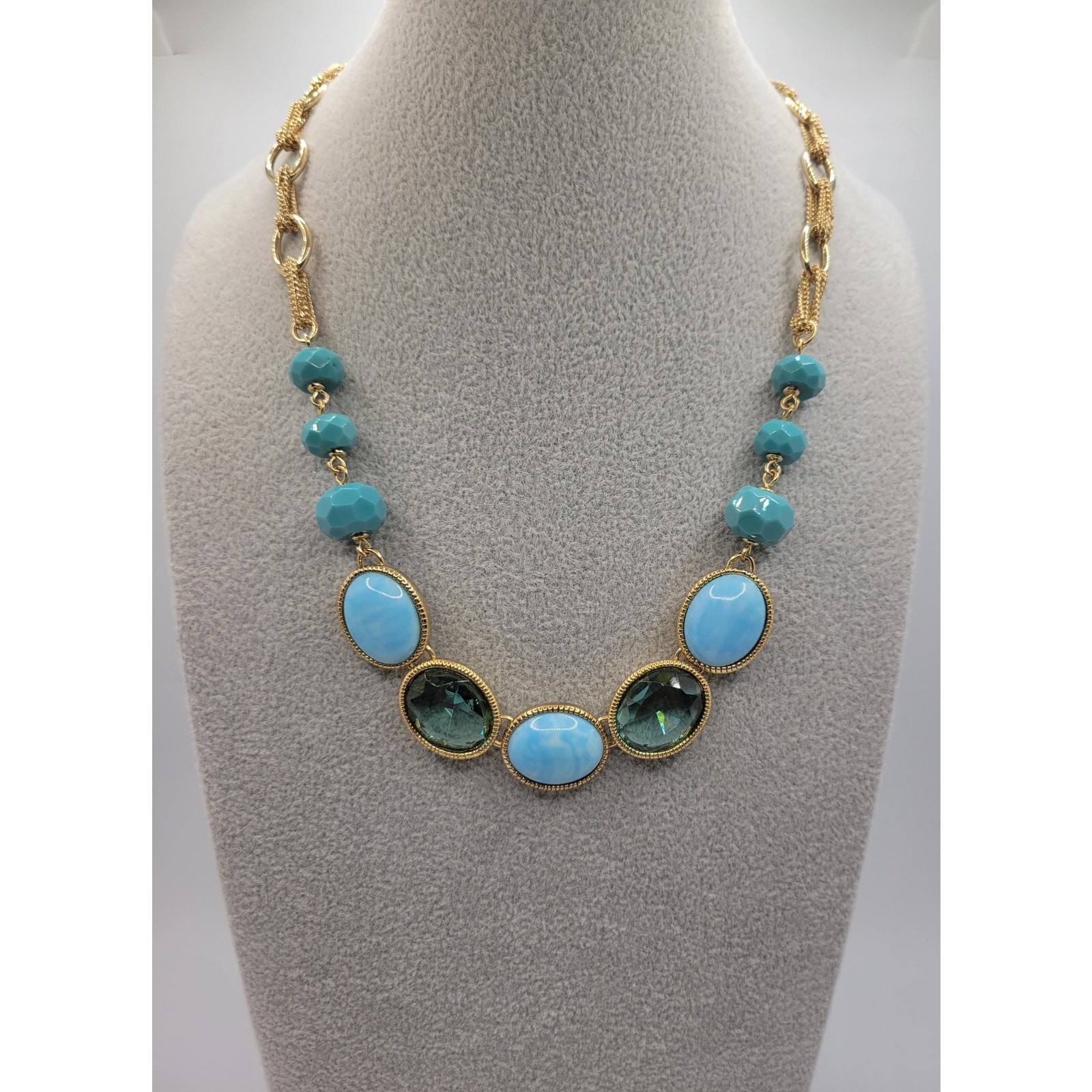 Vintage Signed Monet Faux Larimar Aqua Necklace Oval Crystal Cabochons 1990s