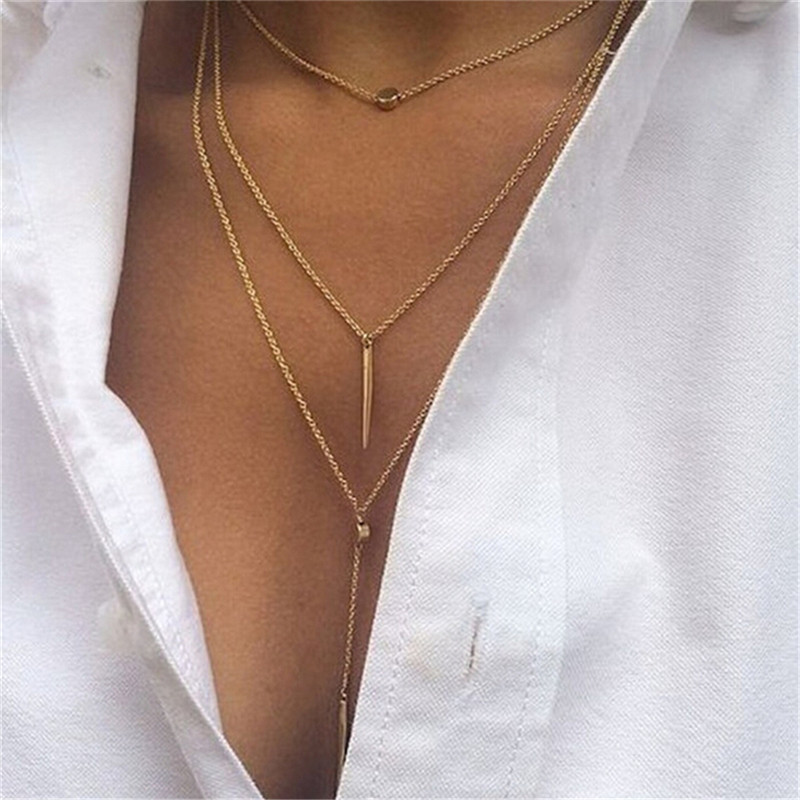 Gold Choker Necklace Lariat Layered Bar Y Drop Bar Charms Dainty Chains