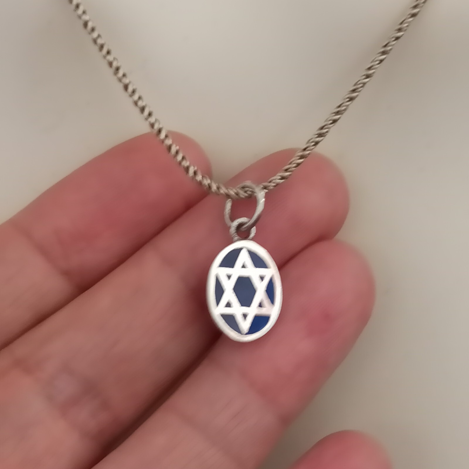 Star of David Necklace Silver Dark Blue Enamel Thick Chain Retro Classic Gift