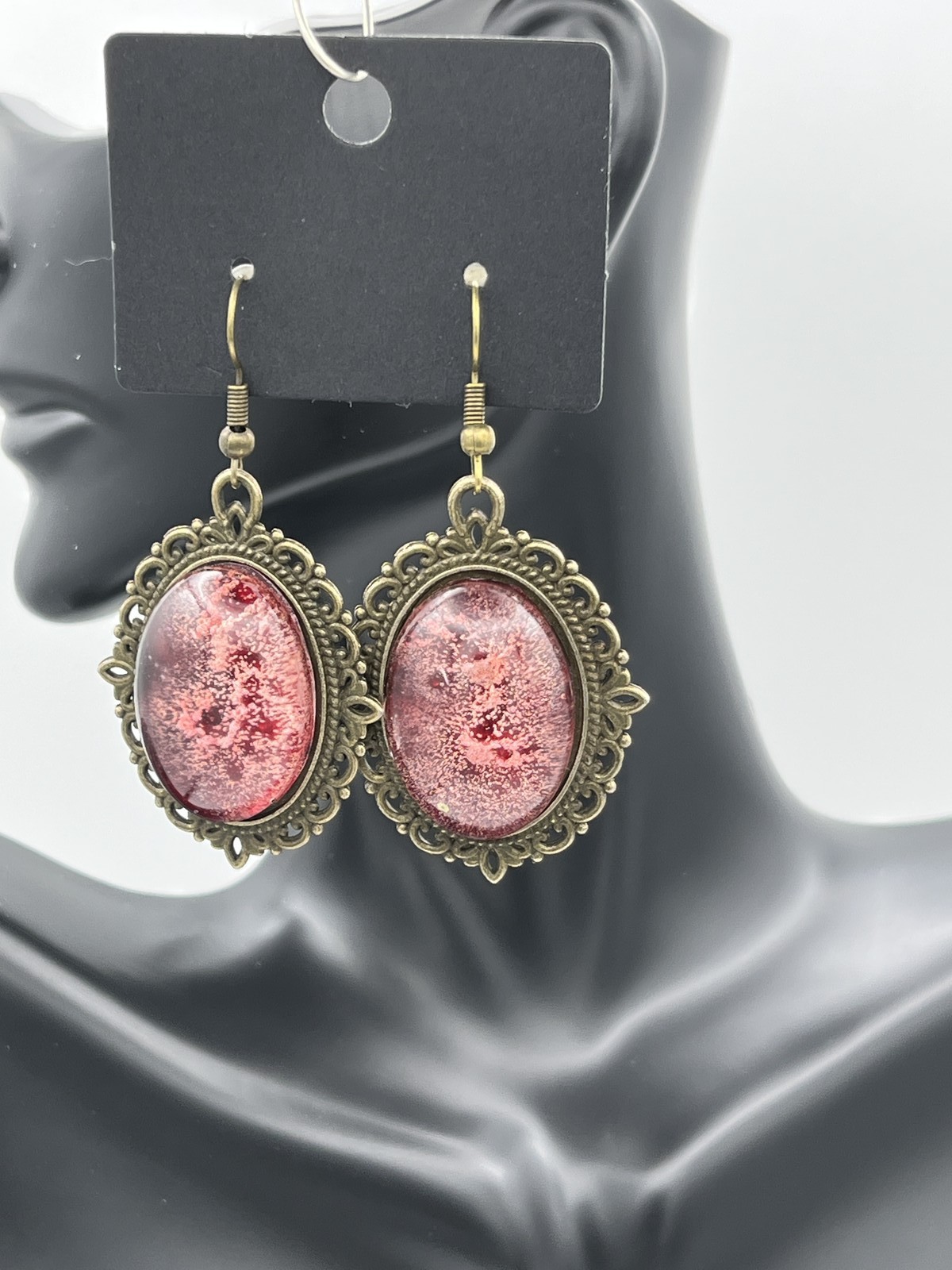 Custom gems in bronze bezel, salmon color and clear earrings, costume jewelry