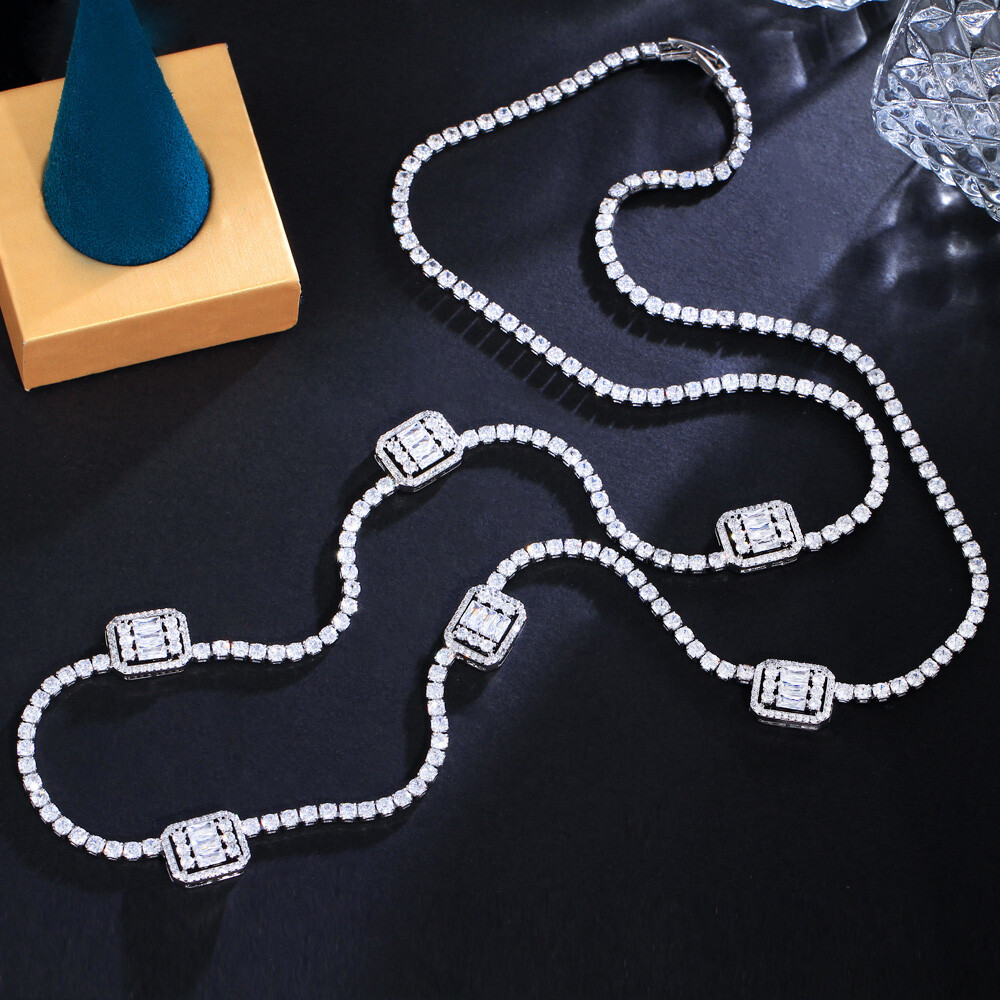 82cm Silver Plated Baguette Cubic Zirconia Long Sweeter Necklace Women Jewelry