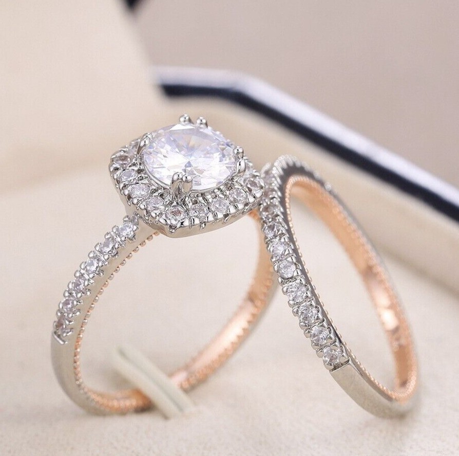 1.20Ct Round Cut Simulated Diamond Bridal Set Band Ring In 14K Rose Gold Plated
