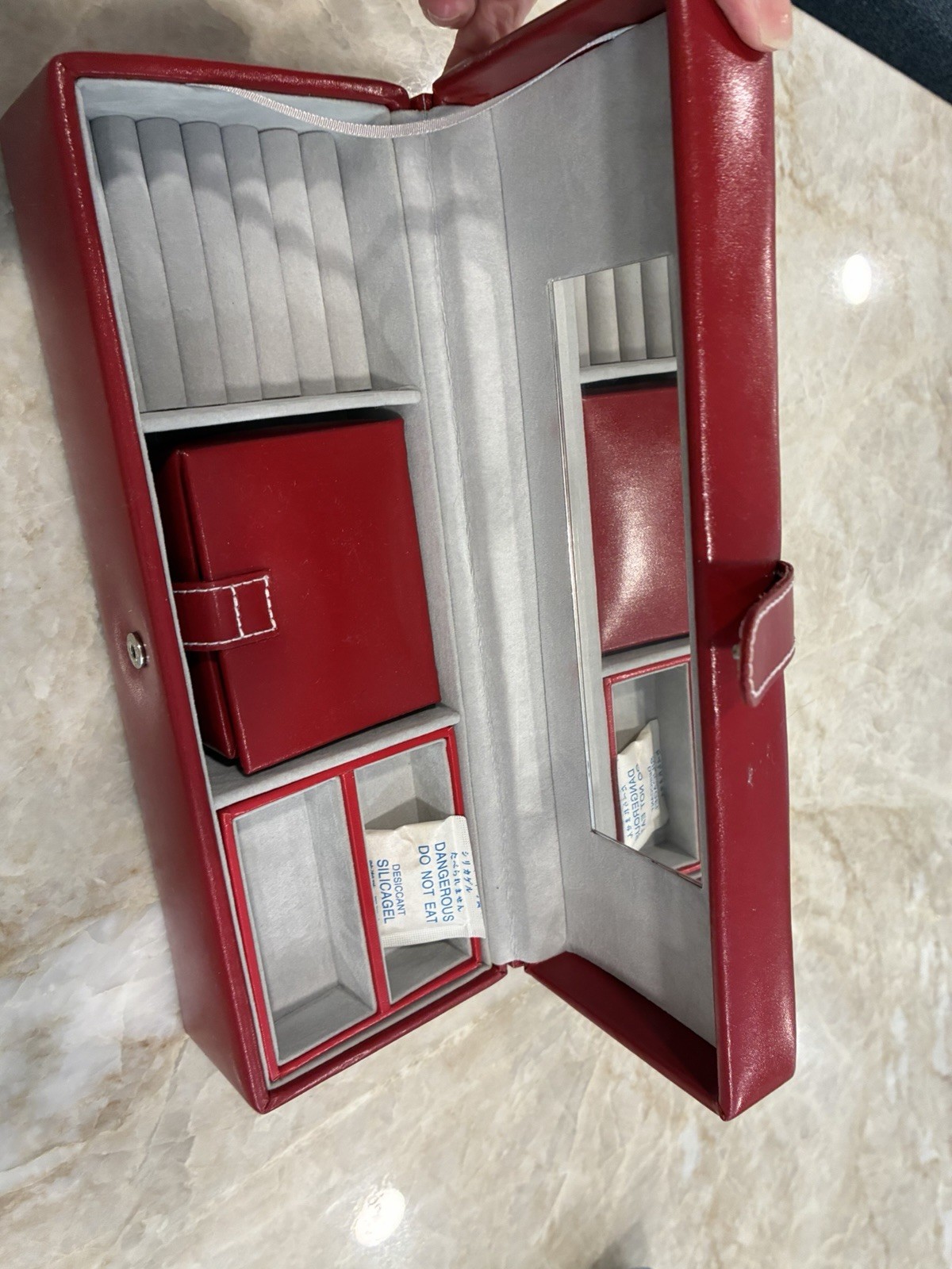 Red Faux Leather Jewelry Box 11″ 3 Piece Fabric Lined Travel Multi Compartment
