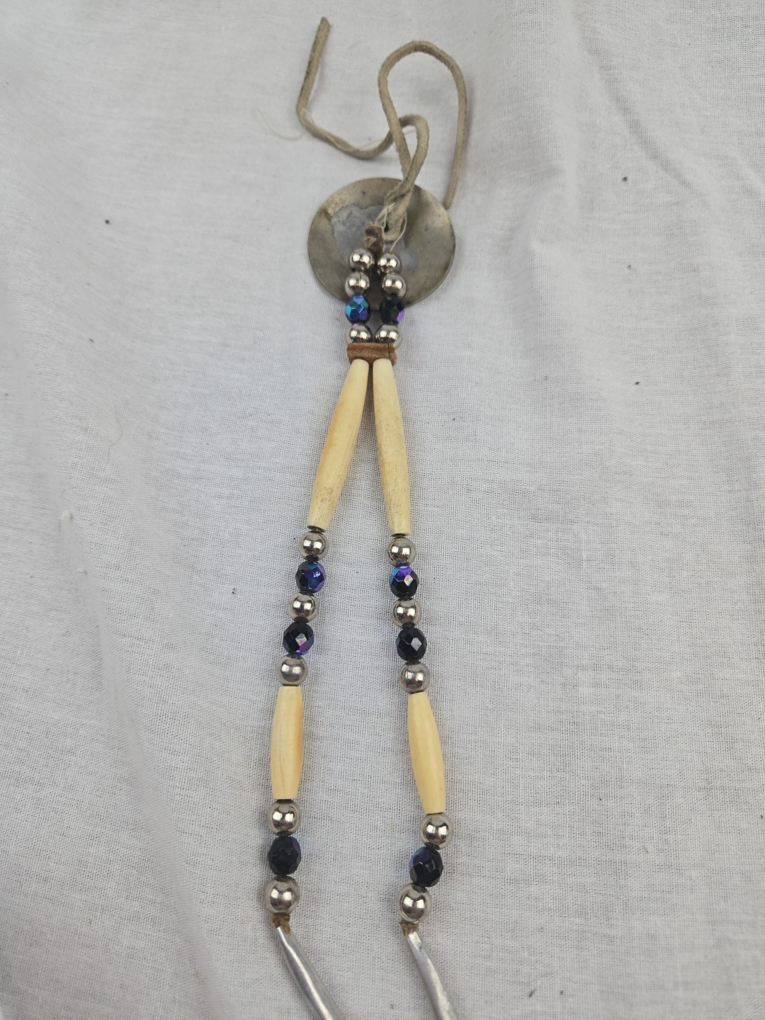 Native American Hairpipe Bone Shell Beaded Choker Necklace Bone 22 L Leather