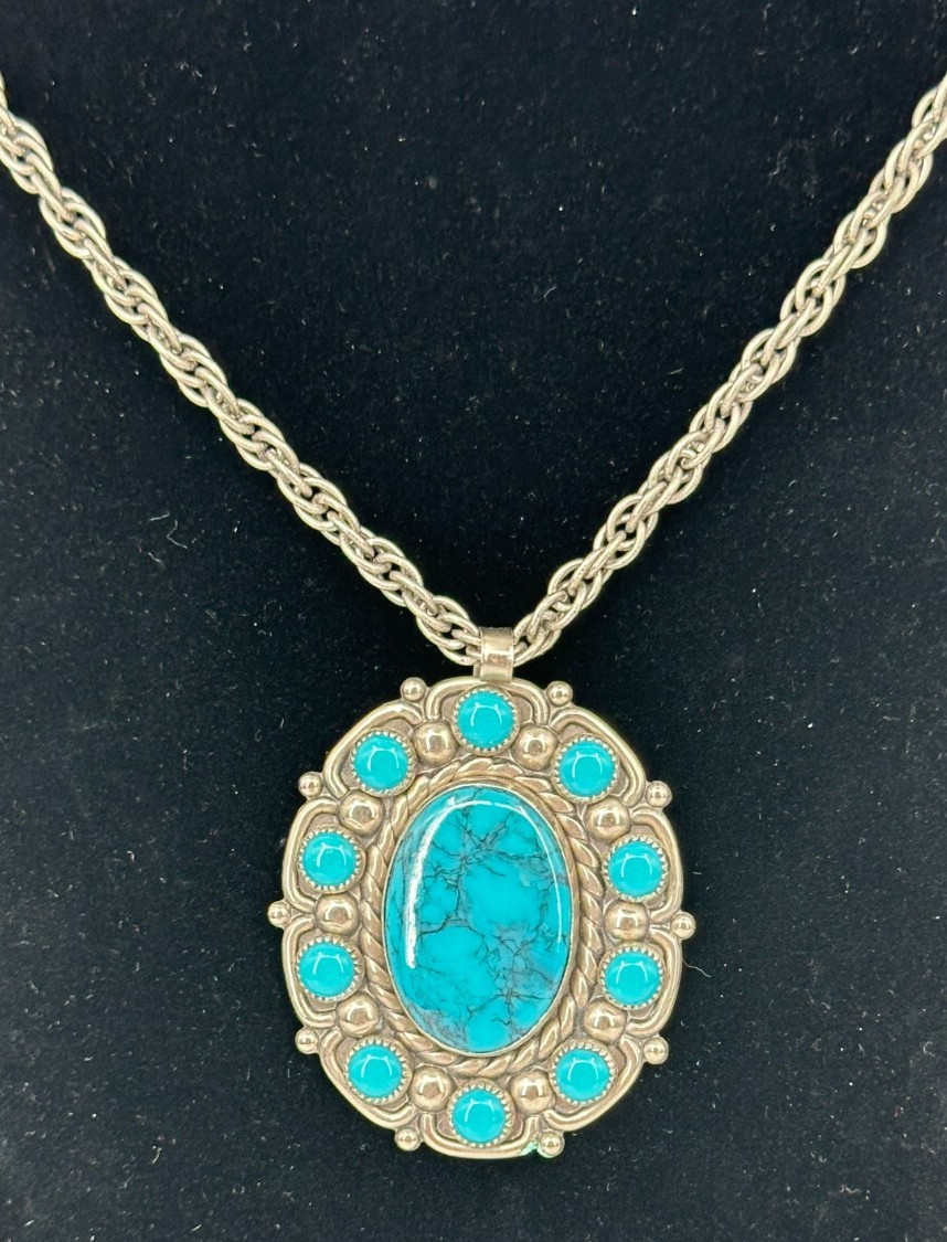 Bell Trading Post Southwestern Nickle Silver Faux Turquoise Pendant Necklace