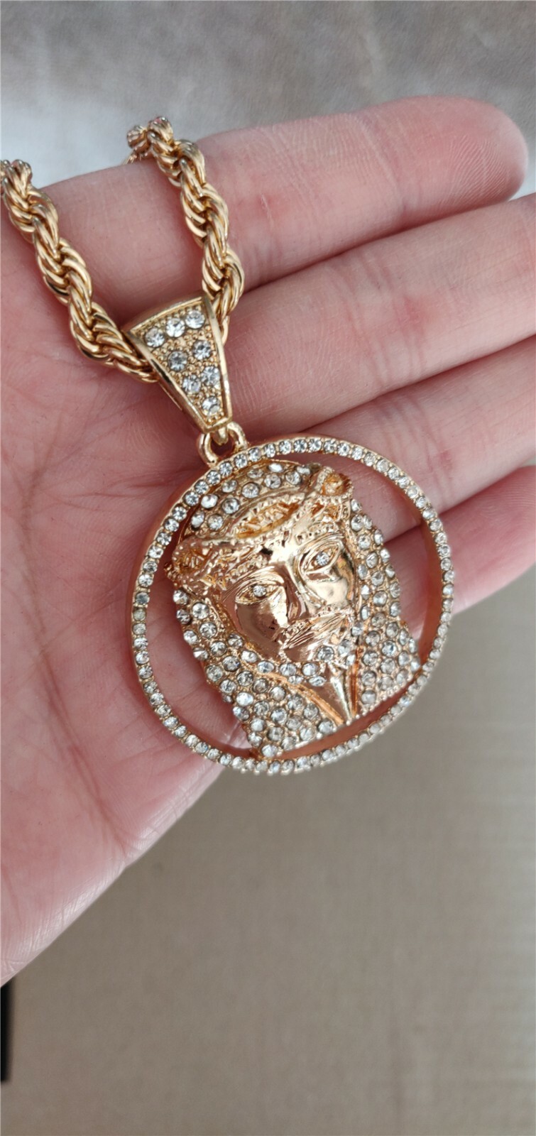 18K Gold Plated Jesus Face Pendant 30″ Chain Necklace Hip Hop Religious Men’s