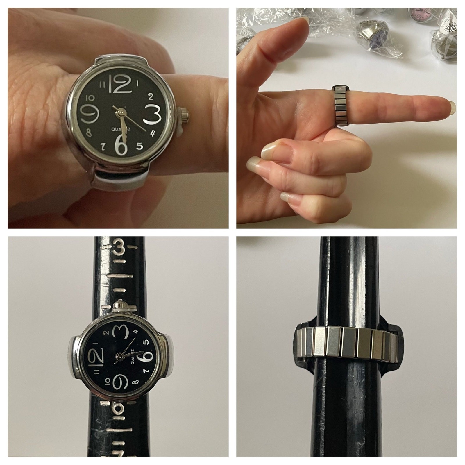 Retro Silver with Black Stainless Steel Stretch Band Quartz Movement Ring Watch