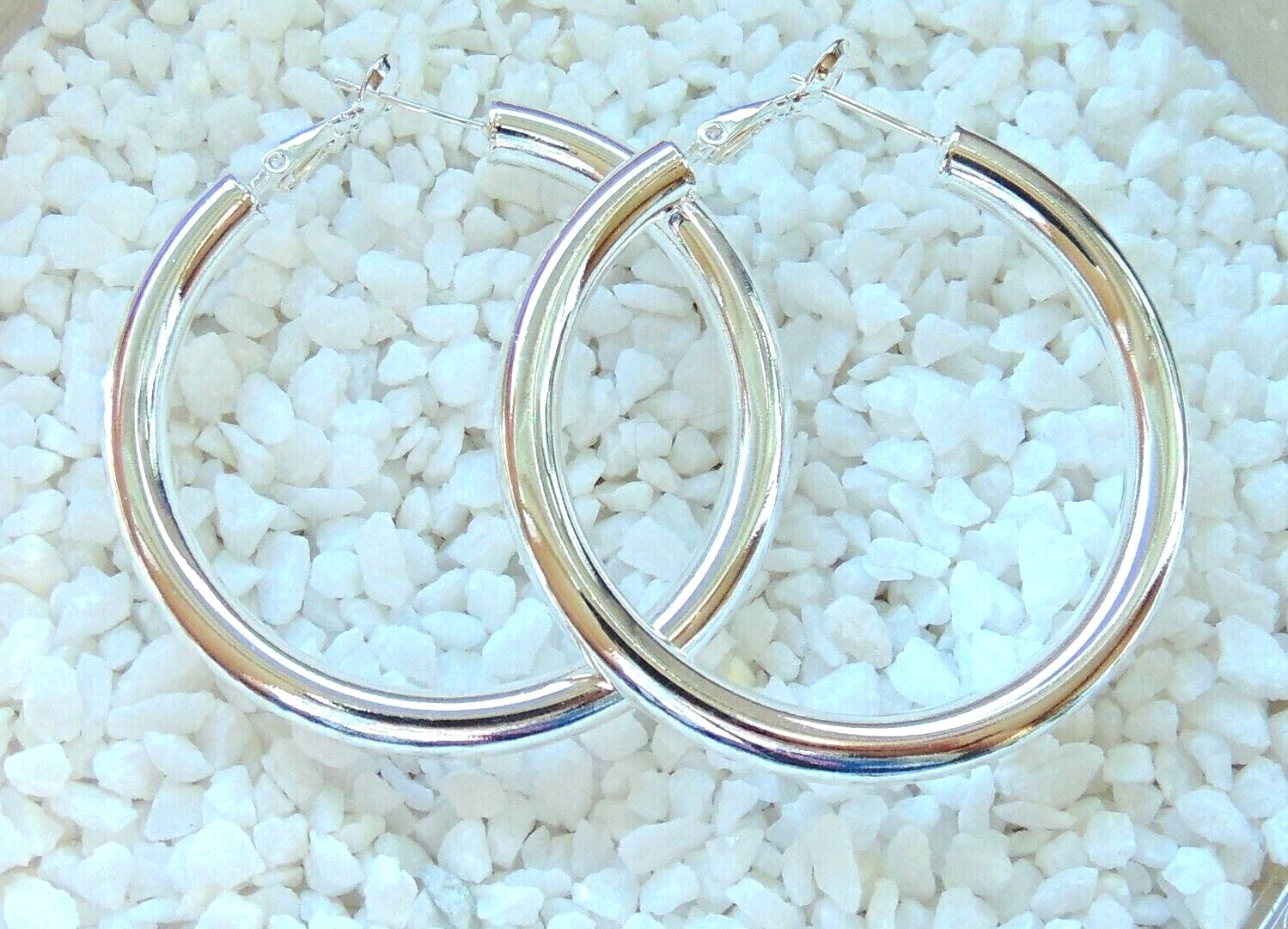 925 Silver XXL Hoop Earrings 50mm 5mm Large Round Dangle Mirror Hinged Clasp