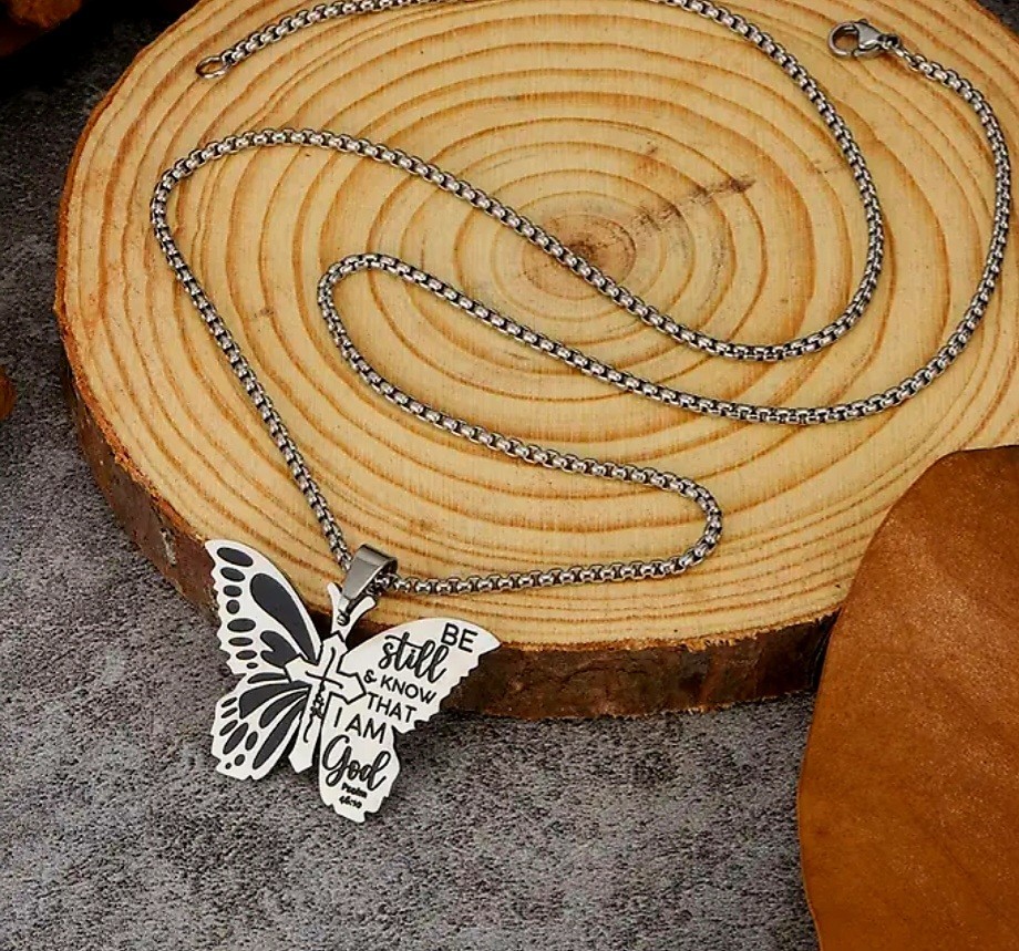 Butterfly Cross Scripture Pendant Silver Chain Necklace