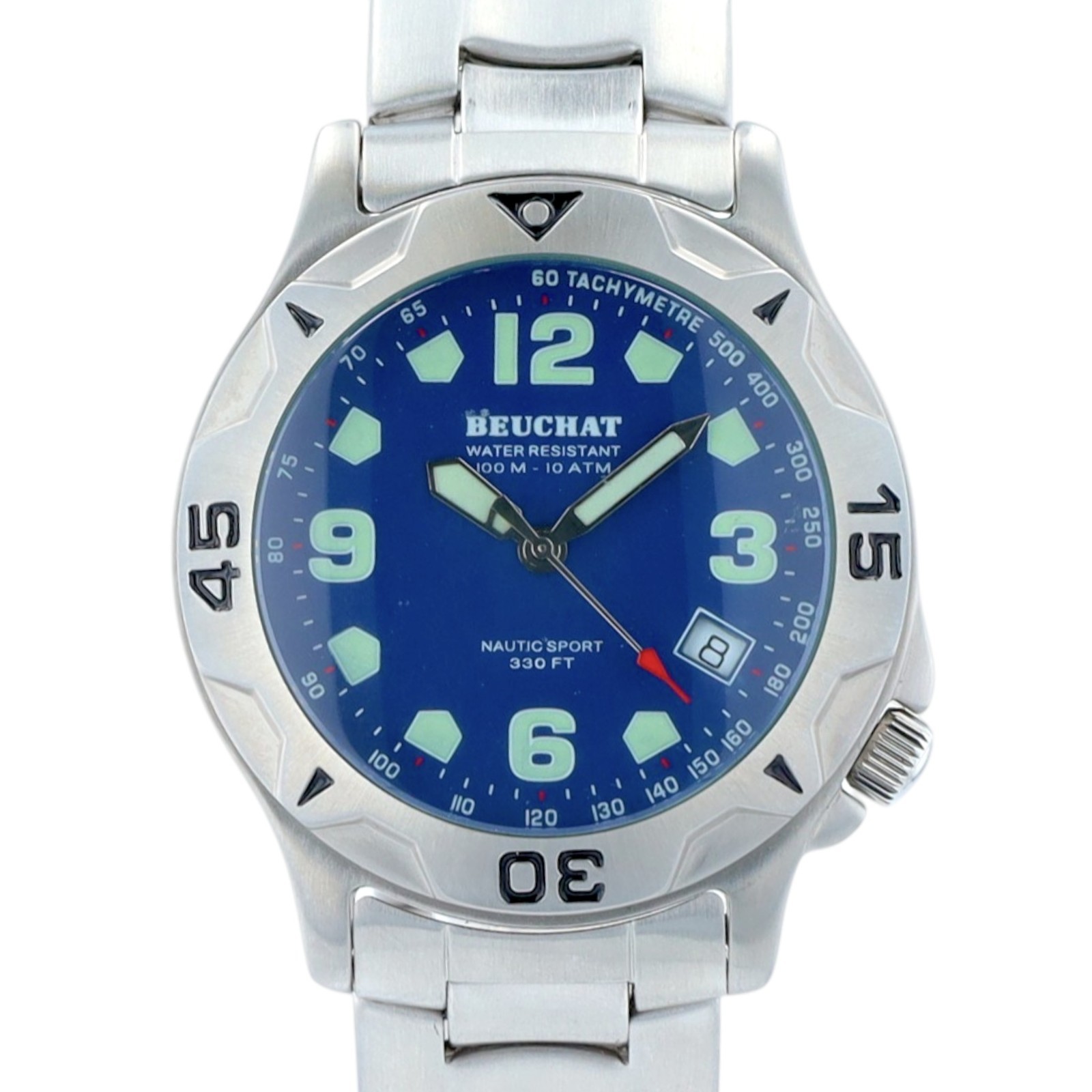 Beuchat Nautic Sport Mens Watch Blue Dial Swiss Steel 100M Diver Date Quartz