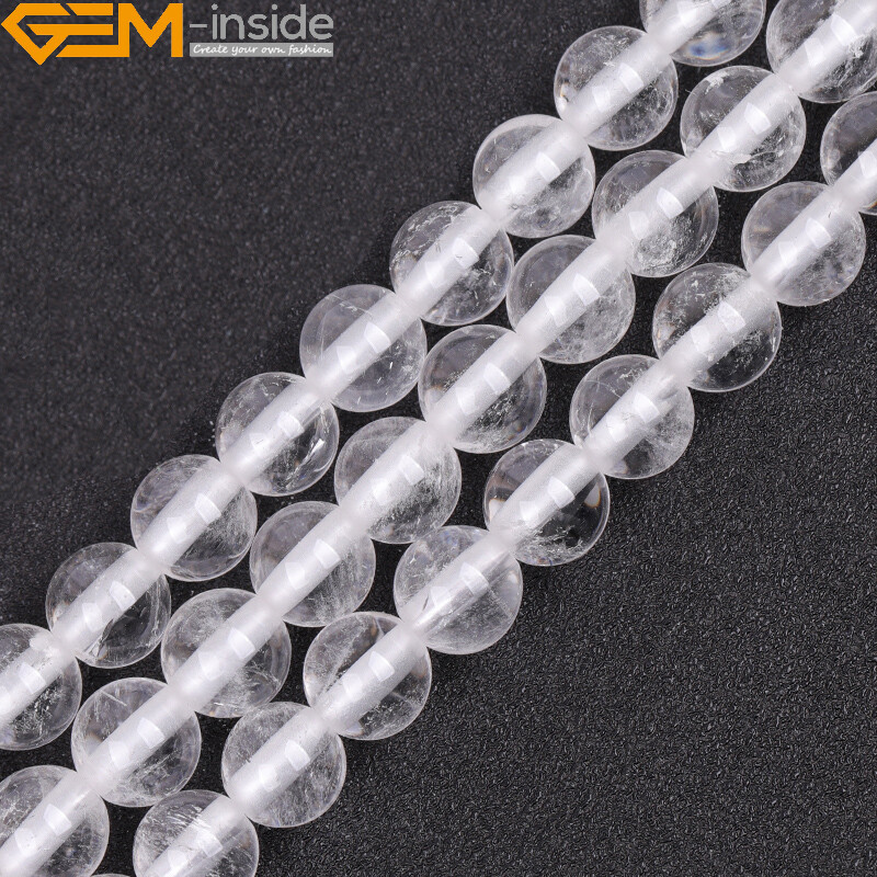 Natural Round White Clear Quartz Stone Beads For Jewelry Making 15″ Big Hole DIY