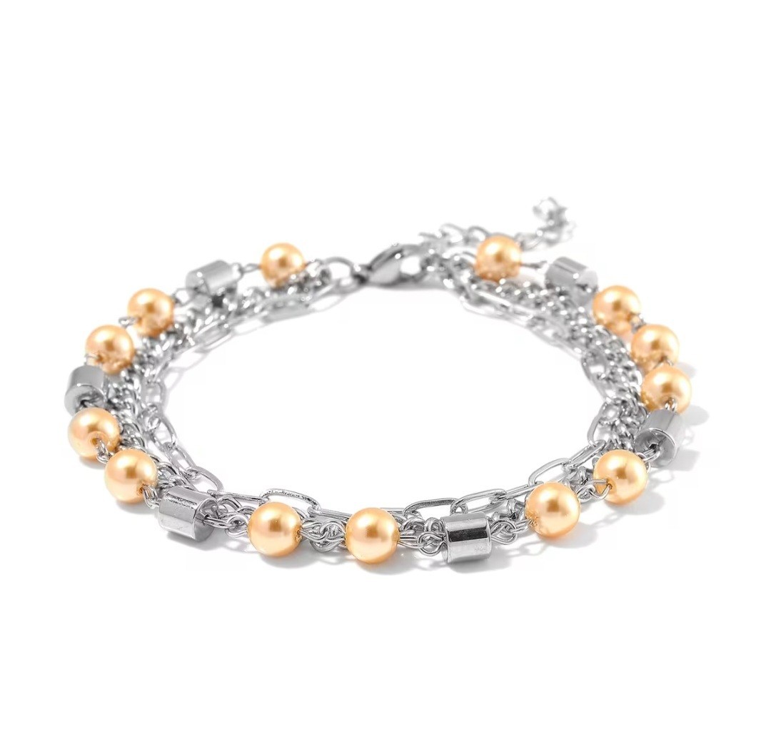 Golden Color Shell Pearl 3 Row Bracelet in Stainless Steel (7.5-9.0In)