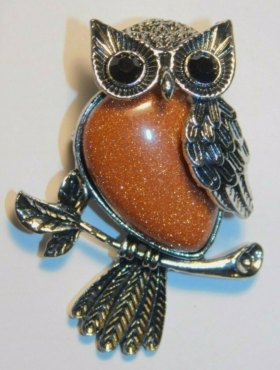 Owl Pendant Brooch Gold Sandstone Silver Wear as Pendant or Brooch