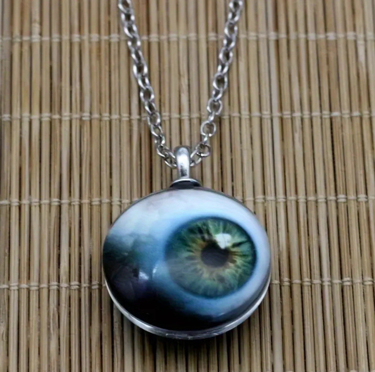 Green Eyeball Pendant On Silver Tone Chain Goth Spook Halloween 2 Sided