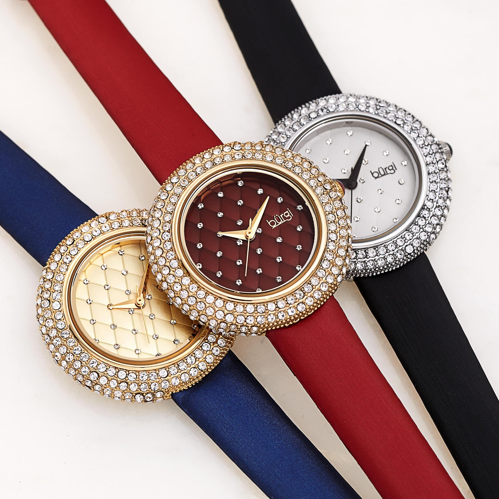 Women’s Burgi BUR207 Swarovski Crystal Quilted Dial Satin Leather Strap Watch