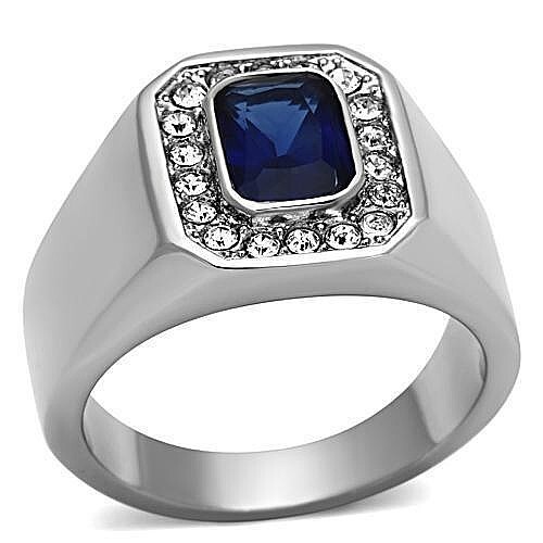 Stainless Steel Dark Blue Created Sapphire CZ Emerald Cut Rectangle Men’s Ring