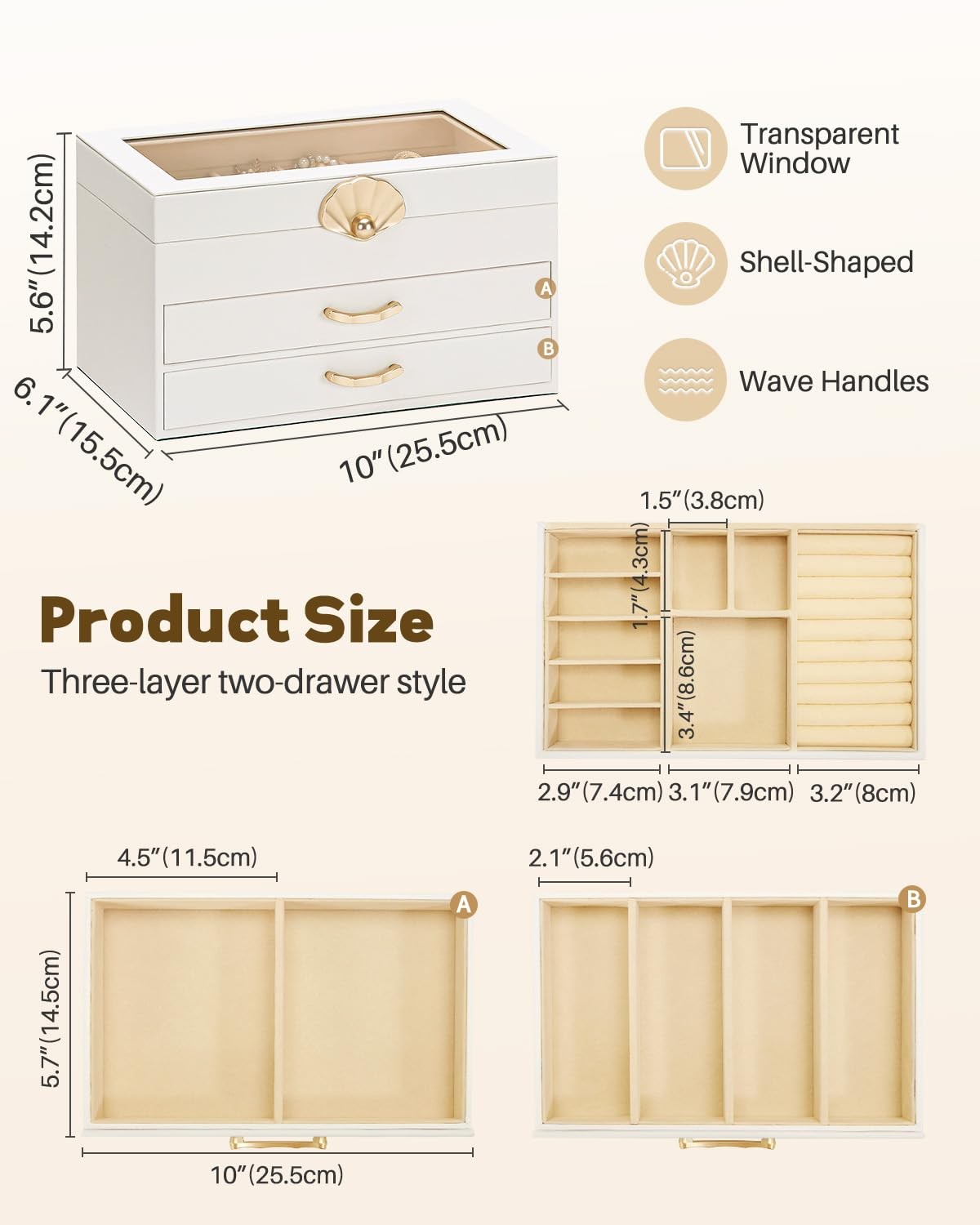 Jewelry Box 3 Drawers Glass Lid Leather Organizer Storage Display White Gift