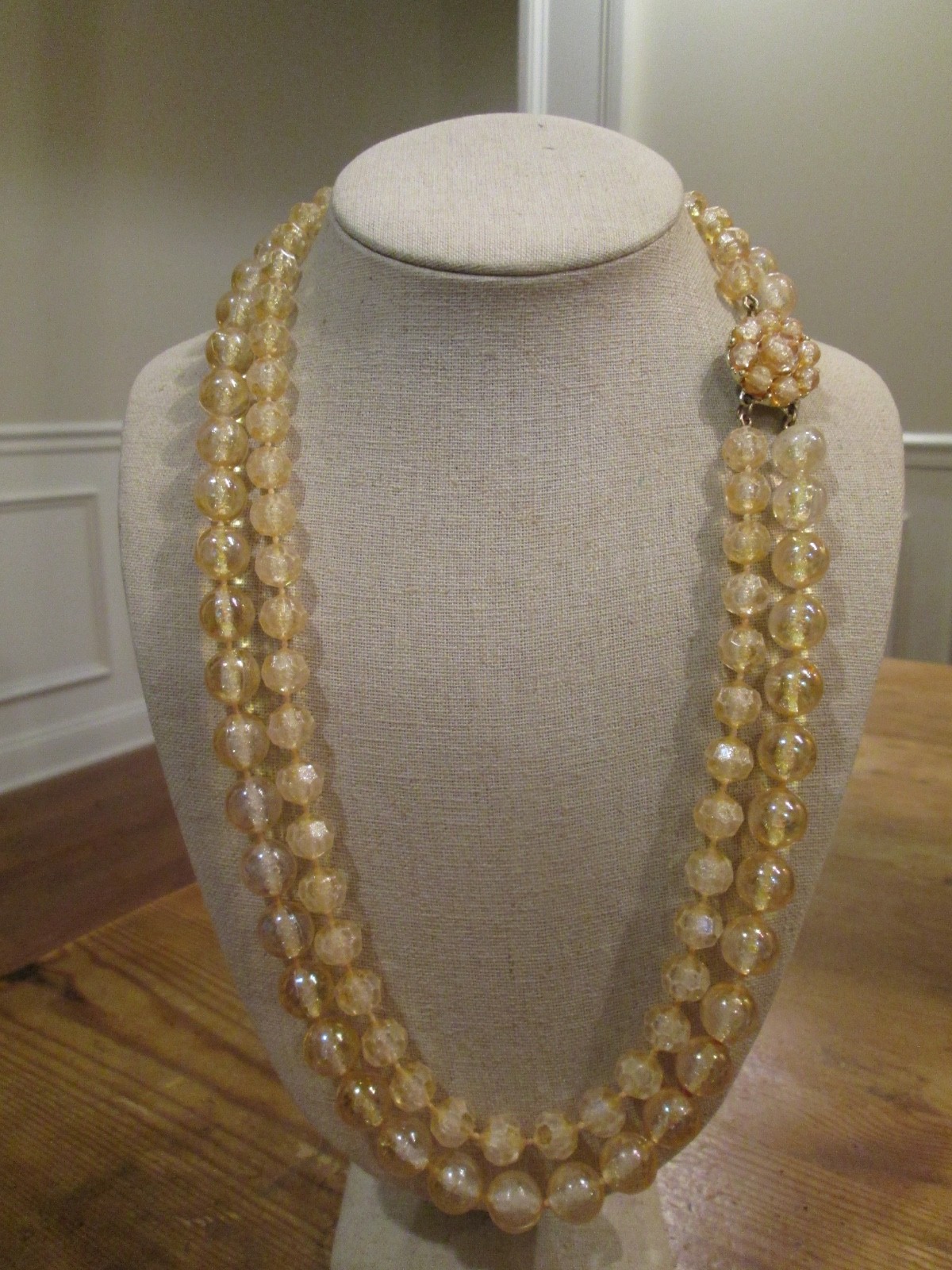 VINTAGE DOUBLE STRAND FAUX CITRINE FACETED & SMOOTH BEADED NECKLACE NICE CLASP