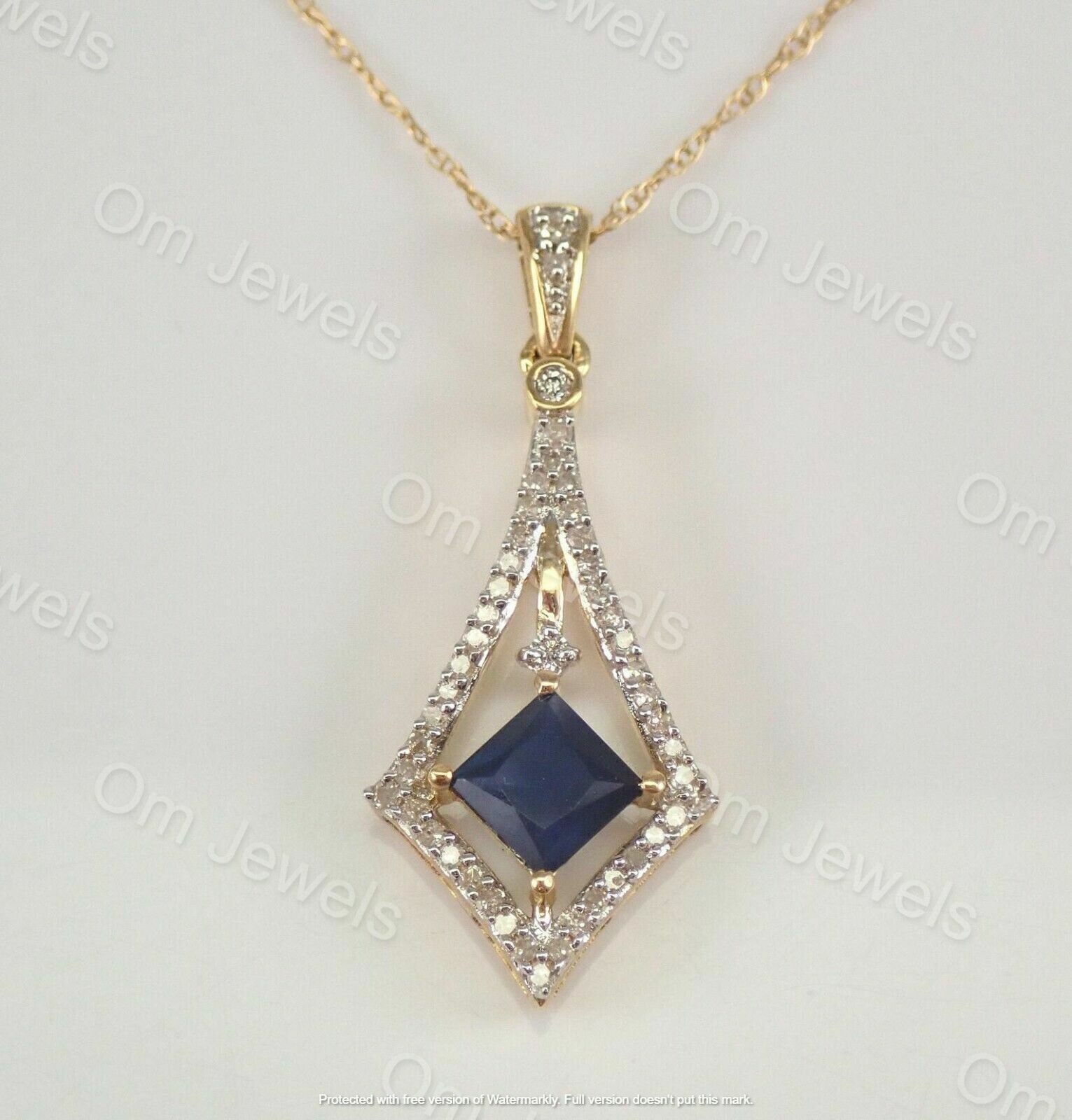 1Ct Princess Sapphire & Diamond Necklace Pendant 14K Yellow Gold Over 18″ Chain