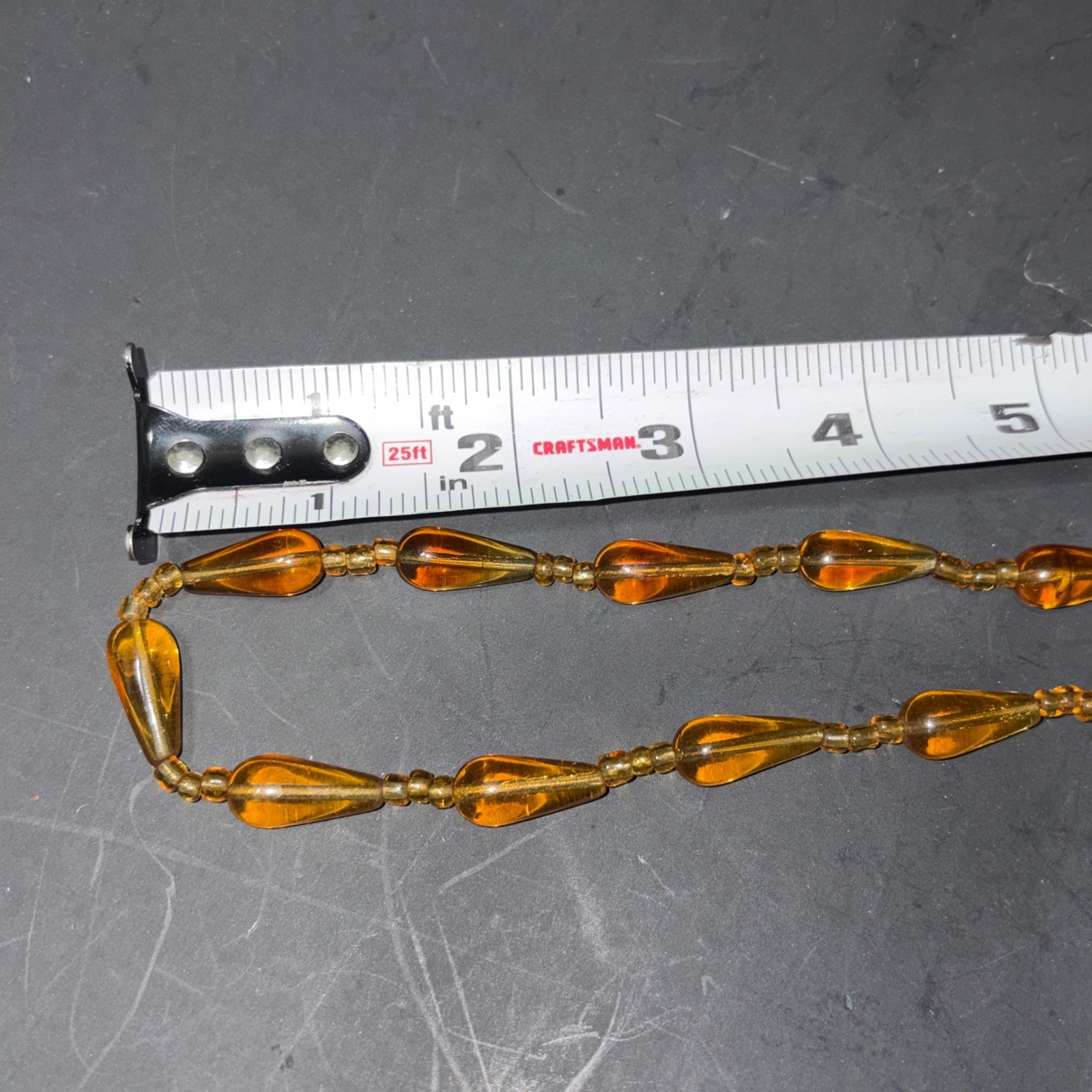 Vtg Amber Glass Teardrop Bead Necklace Yellow Honey Translucent 26″