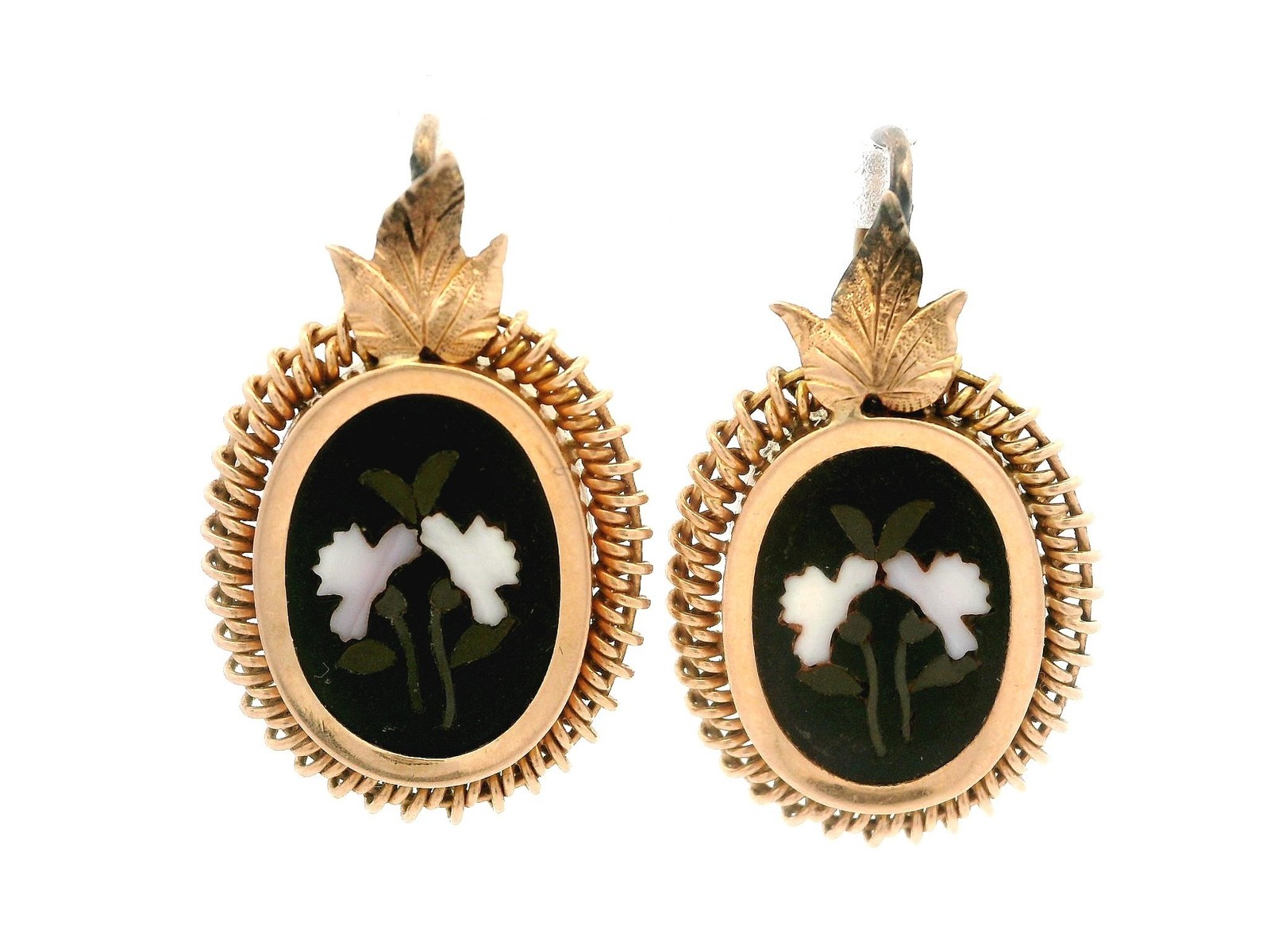 Vintage Yellow Gold Pietra Dura Hard Stone Floral Drop Dangle Earrings
