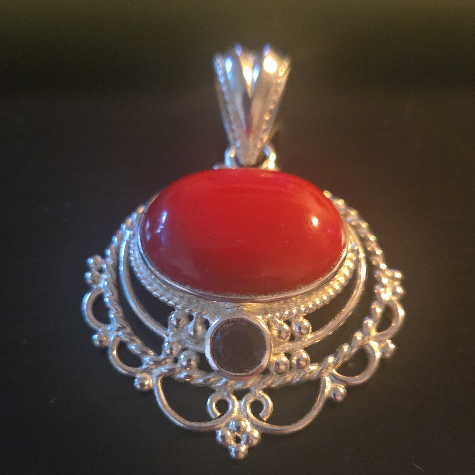 Red Oval Coral Cabochon Pendant in Silver Bezel Setting, Filigree Style