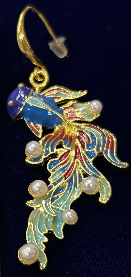 Colorful Enamel & Faux Pearl Goldtone Koi Fish Dangle Pierced Earrings, 2.5” New