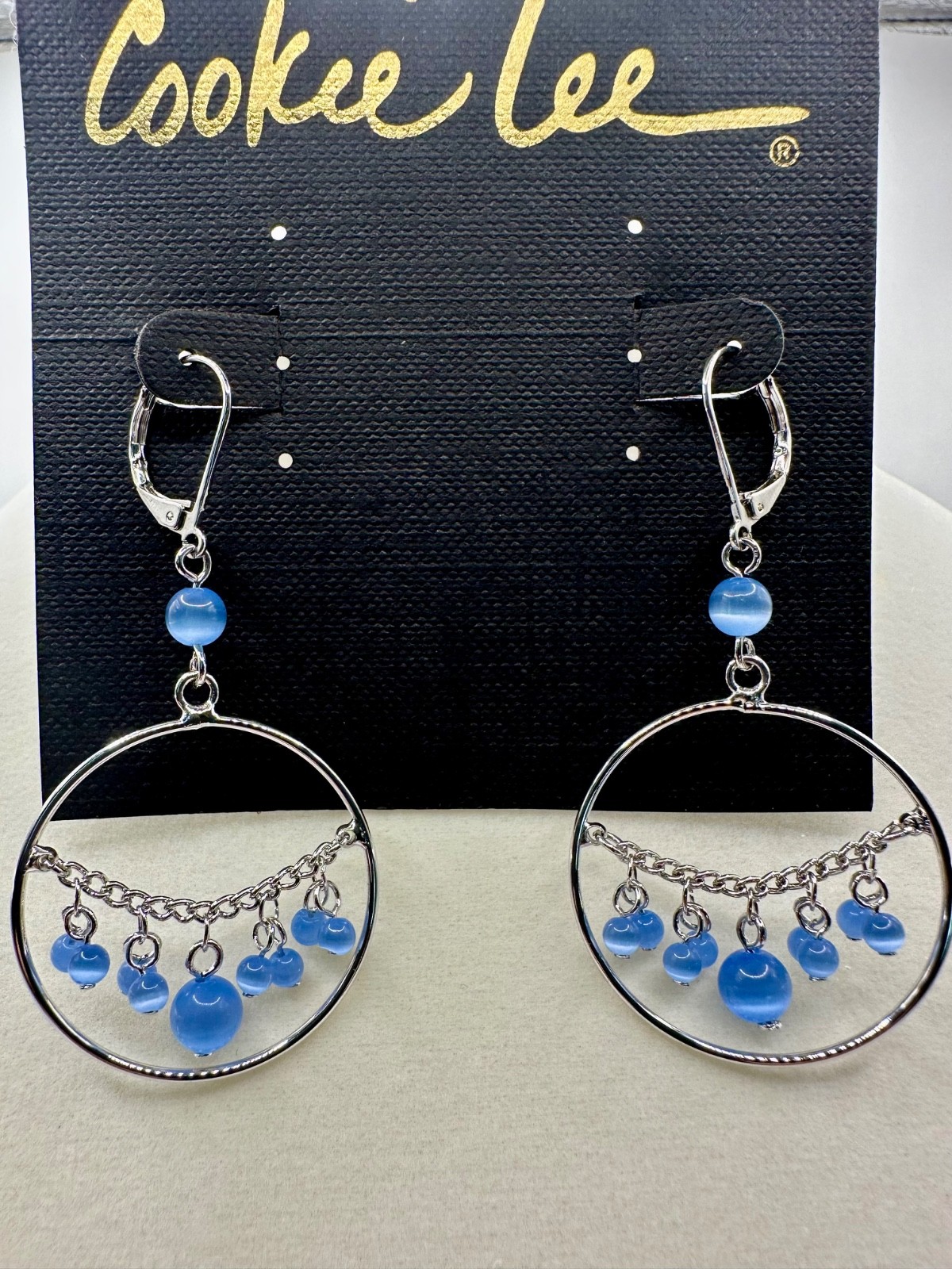 Cookie Lee Blue Cat’s Eye Beaded Hoop Dangle Earrings Silver Tone 2.5” NWT