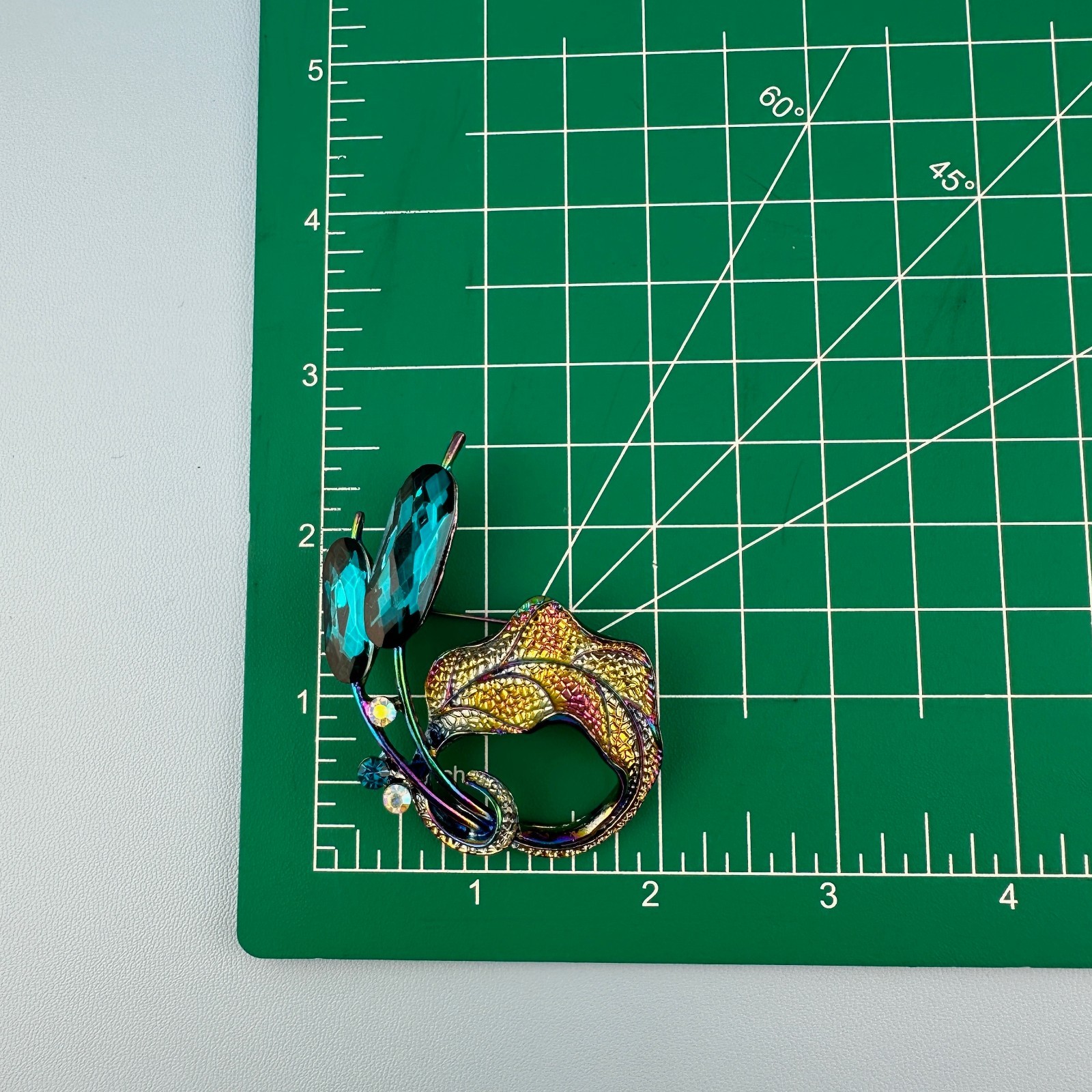 Rhinestone Brooch Flower Leaf Cattail Iridescent Teal Blue Aurora Borealis