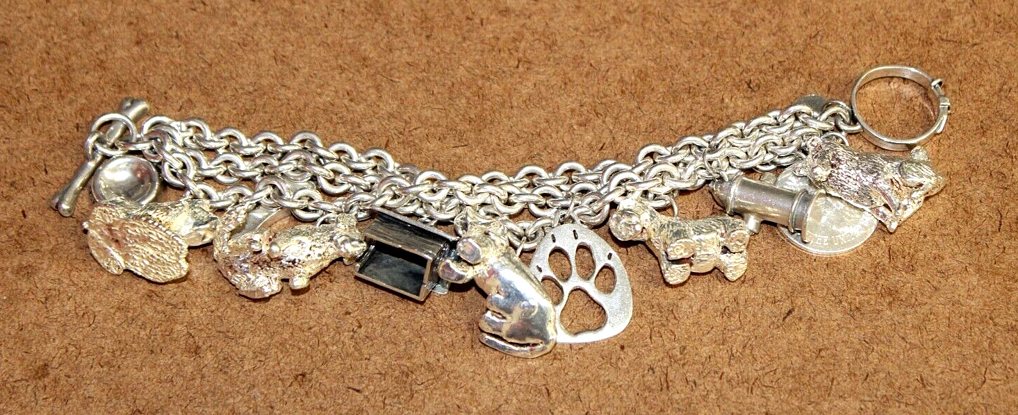 Susan Cummings Sterling Dog Lover 3 Strand Charm Bracelet w/ Earrings [093WEI]