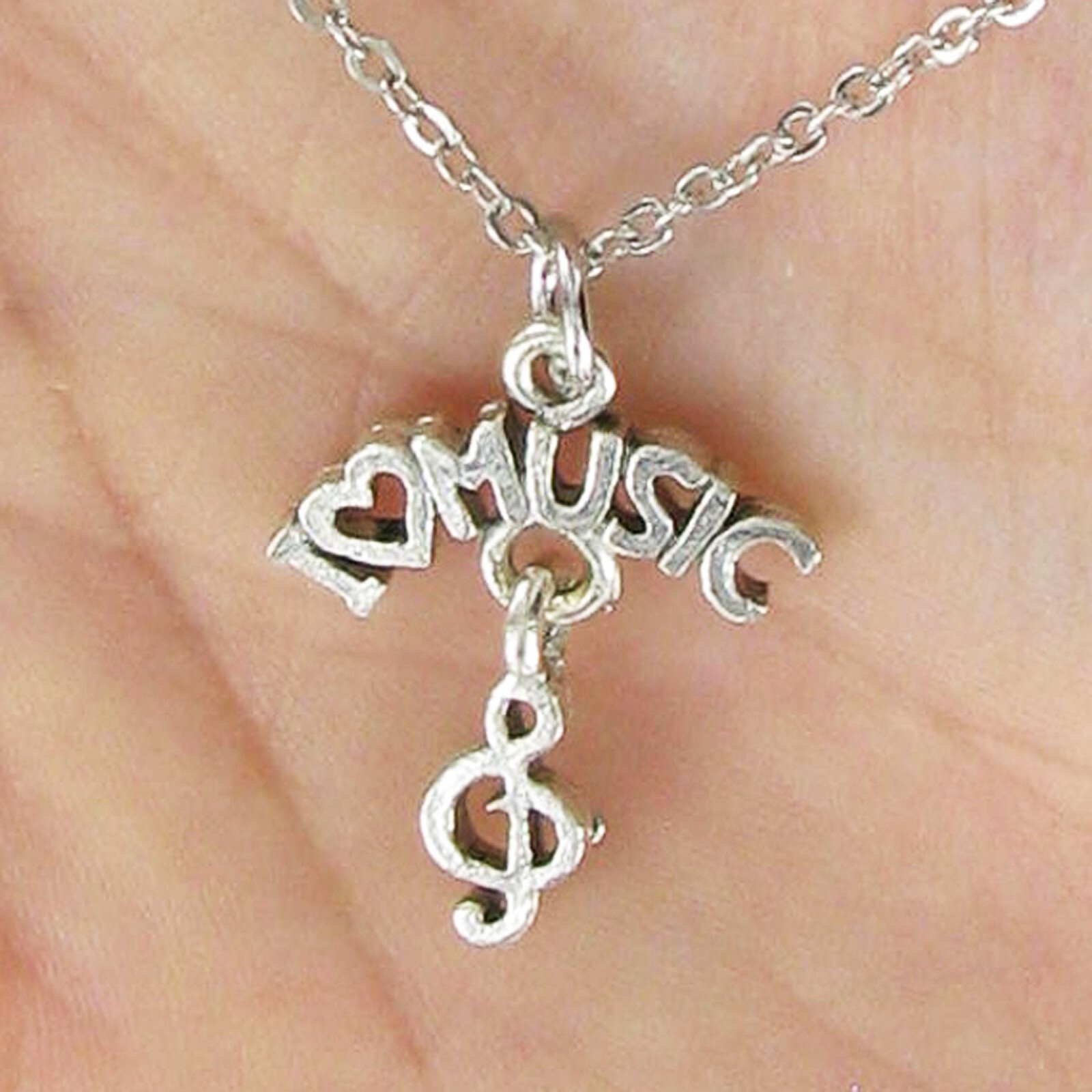 I HEART MUSIC Necklace on Chain – Pewter Treble Clef Love Dangle Link Musician