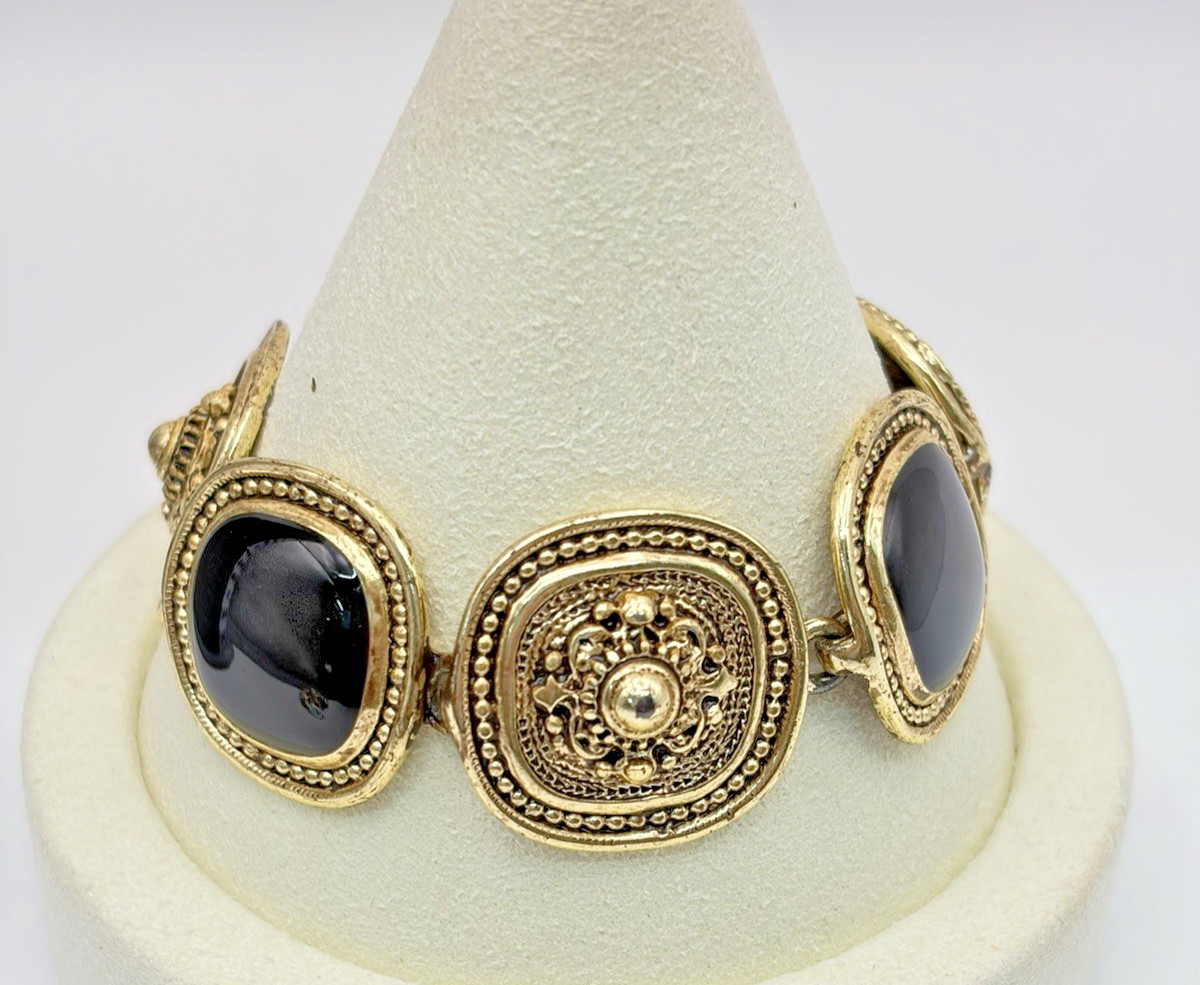 Vintage Gold Tone Etruscan Revival Black Stone Cabochon Link Bracelet