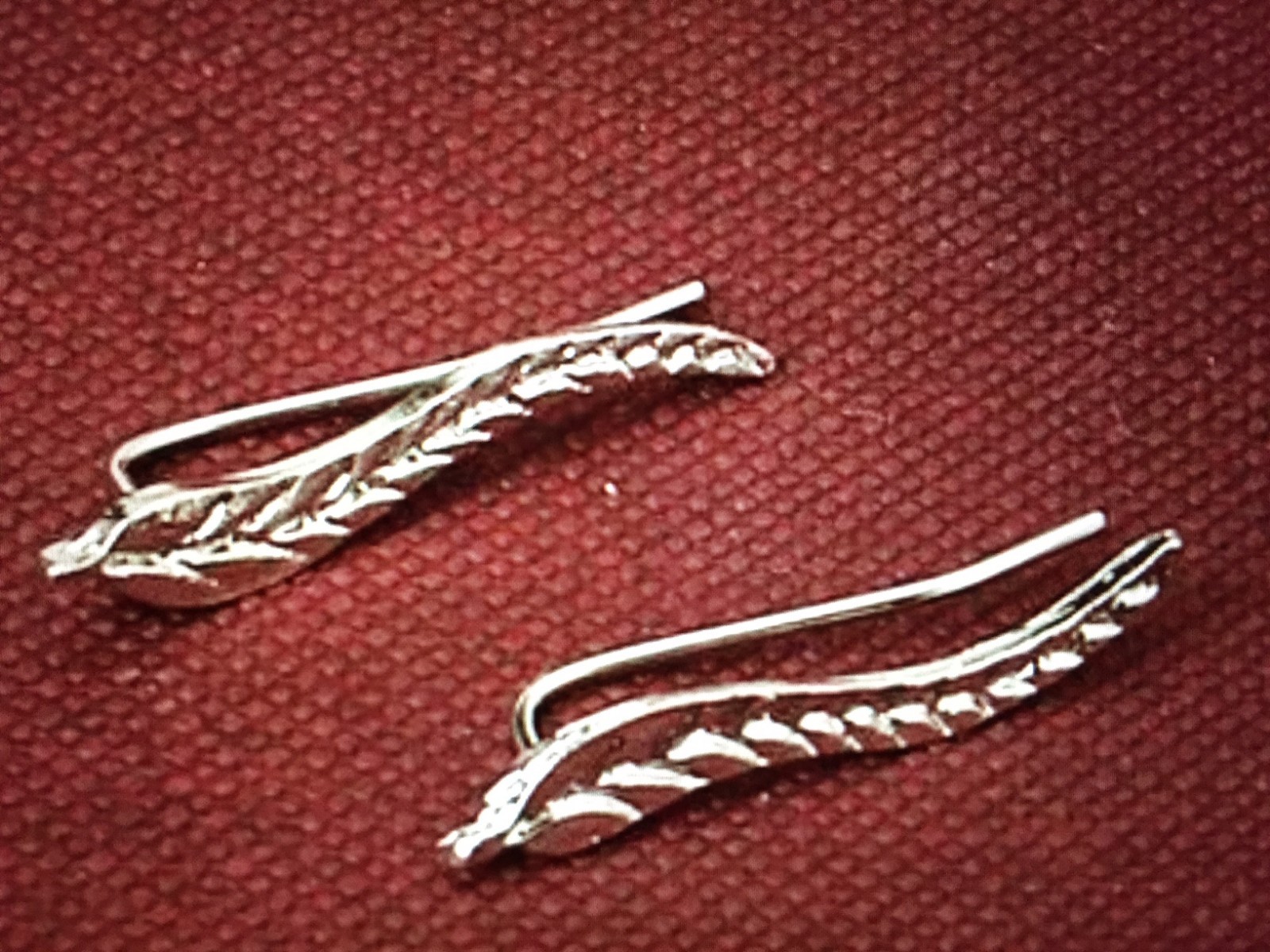 Silver Leaf Ear Climber Earrings Crawler Pin Leaves Feather Pair Wave Cuff Lobe