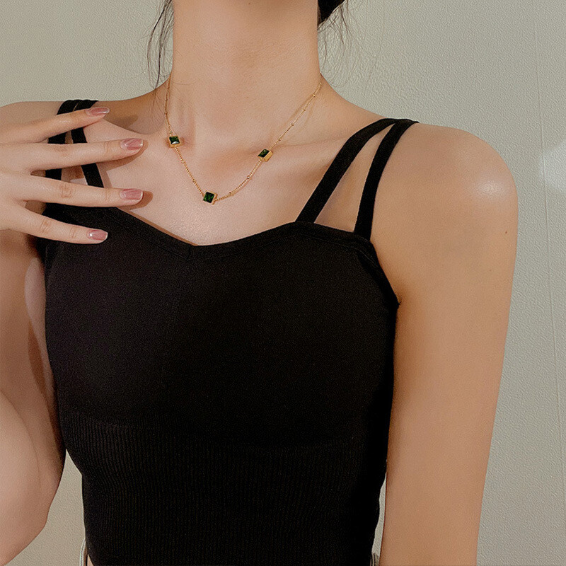 Woman 18K Gold Plated Stainless Steel Simulated Green CZ Chain Necklace 17.7”
