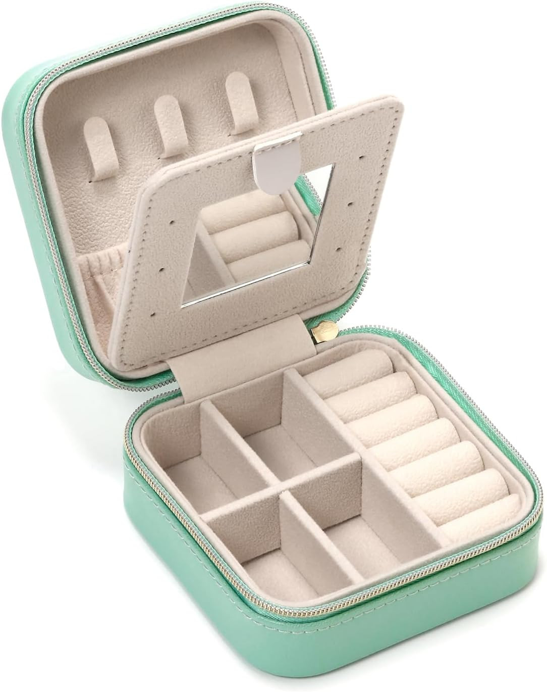 Small Travel Jewelry Case with Mirror, Portable Organizer Box, Blue