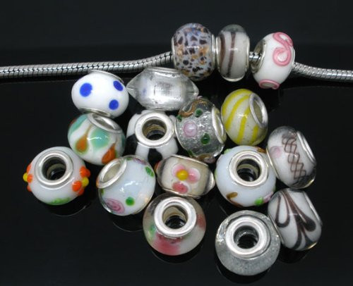 Pack of 10 White MIX Lampwork Murano Glass Beads For Snake Chain Charm Bracelet.