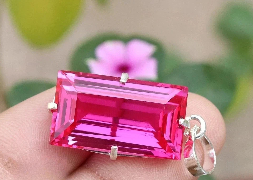 21.53 Ct Natural Pink Sapphire Baguette Cut 925 Solid Silver Pendant Gemstone