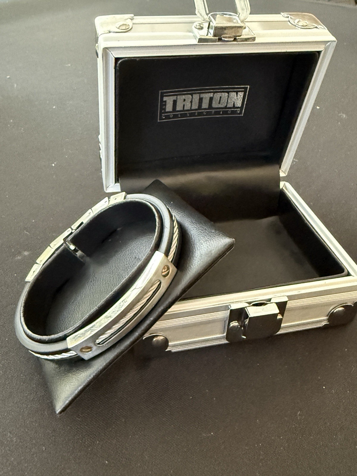 Triton Mens Bracelet Stainless Steel & Black Rubber 14K Gold Screws Cable Inlay