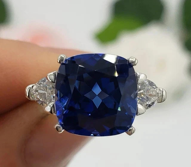 Cushion Cut Lab Created Blue Sapphire Women’s Wedding Ring 14k White Gold Plated