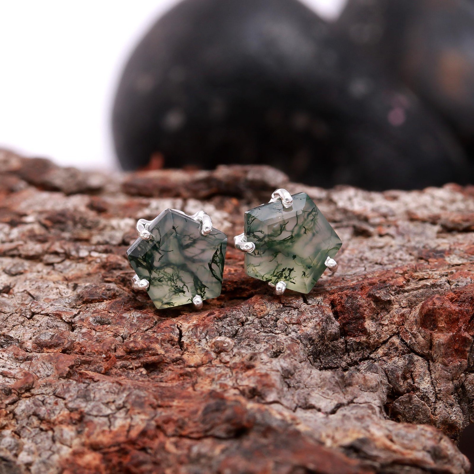 Natural Moss Agate Pentagon Stud Earrings 925 Sterling Silver Minimalist Jewelry