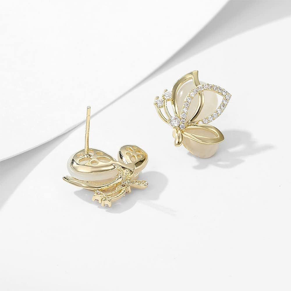 Elegant CZ Butterfly Earrings Crystal Cat’S Eye Stud for Women Gold-Tone 925 Ste