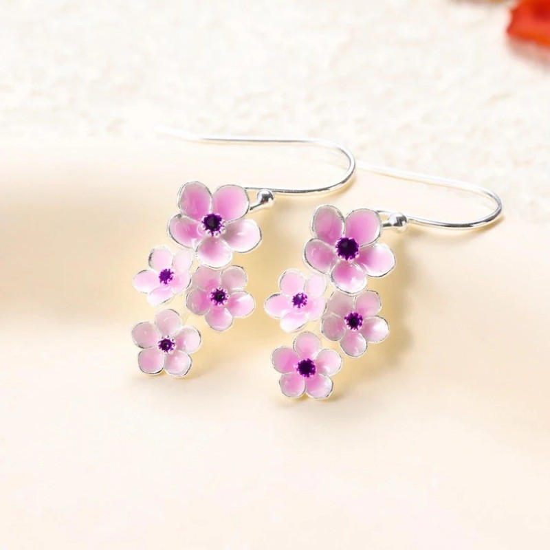 1Pcs Pink Cherry Blossom Dangle Earrings Flower Hook Drop Earrings