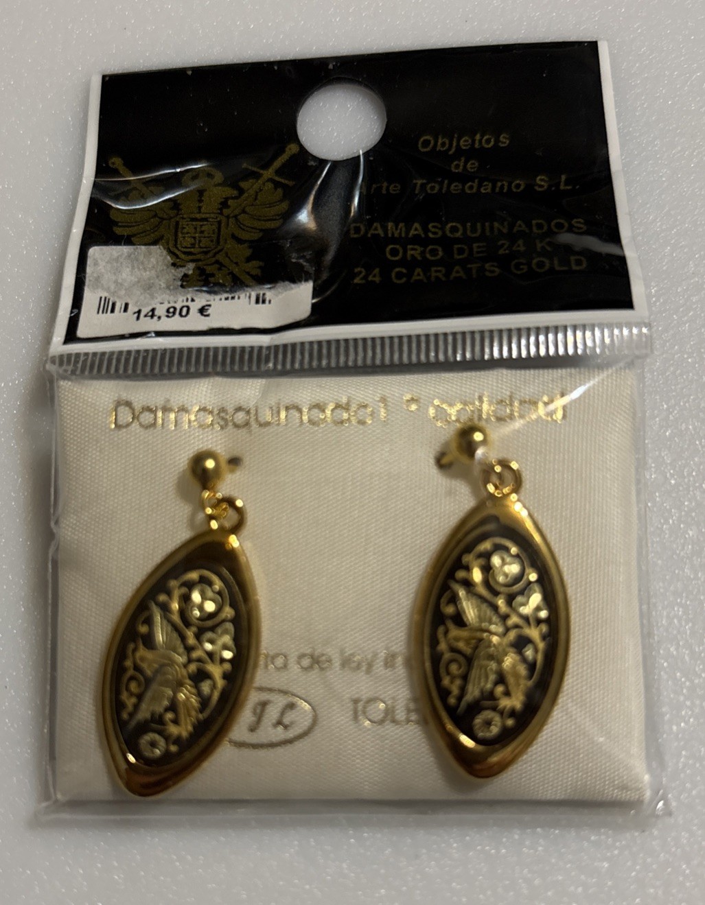 Damascene 24k Gold Bird Teardrop Dangle Earrings by Midas of Toledo Spain New