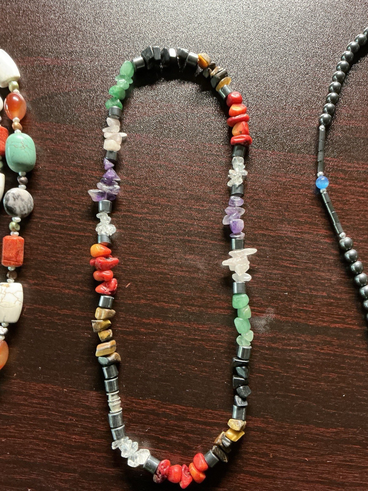 Lot Of 3 Hematite Crucifix, Turquoise Howlite Coral Amethyst Tigereye Necklaces