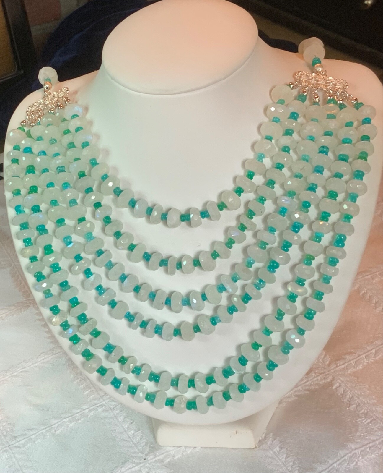 SS .925 MOONSTONE & APATITE 5 STRAND NECKLACE EARRINGS AND SET NEW DESIGN