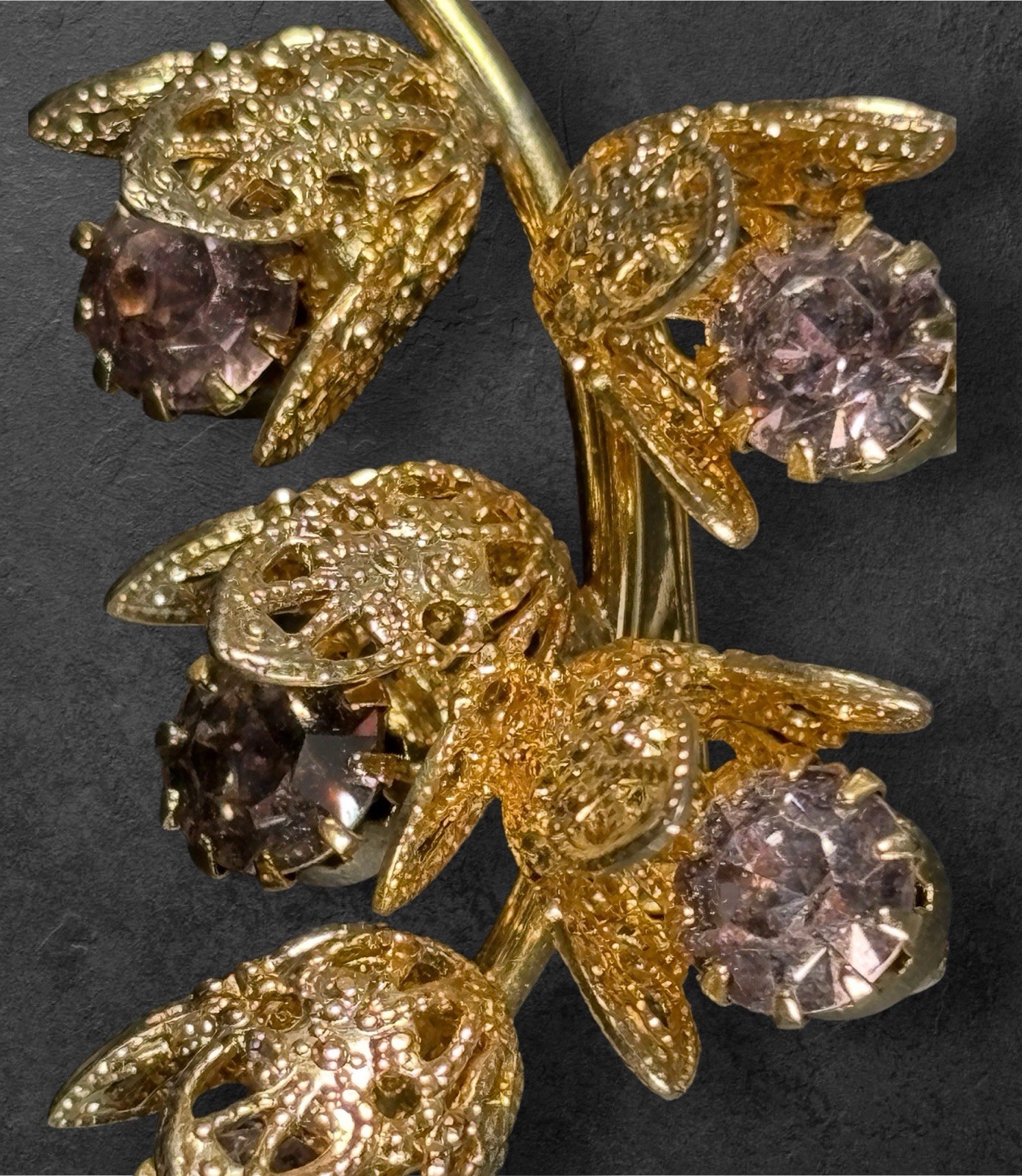 Vintage Gold Tone Filigree Flower Brooch Lavender Rhinestone Pin Unsigned